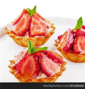 Tartlets with custard, strawberries and mint served on white plate