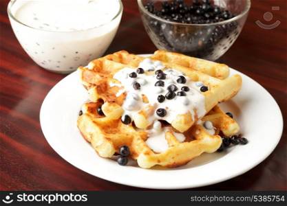 Taste waffle with natural yoghurt and billberies closeup