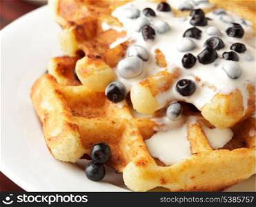 Taste waffle with natural yoghurt and billberies closeup