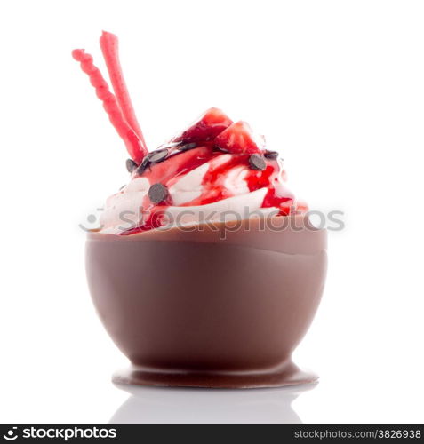 Tasteful strawberry and chocolate pastry mousse isolated on white background.
