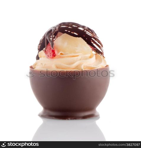 Tasteful strawberry and chocolate pastry mousse isolated on white background.
