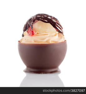 Tasteful strawberry and chocolate pastry mousse isolated on white background.