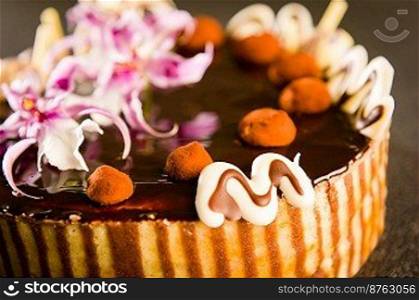 Tastefully decorated cake with chocolate coating and flower decoration