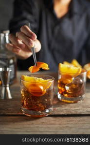 Tasty alcoholic old fashioned cocktail with orange slice 