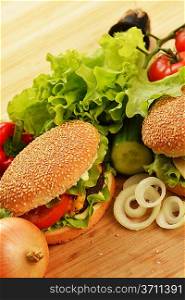 Tasty and appetizing hamburger on wooden plate