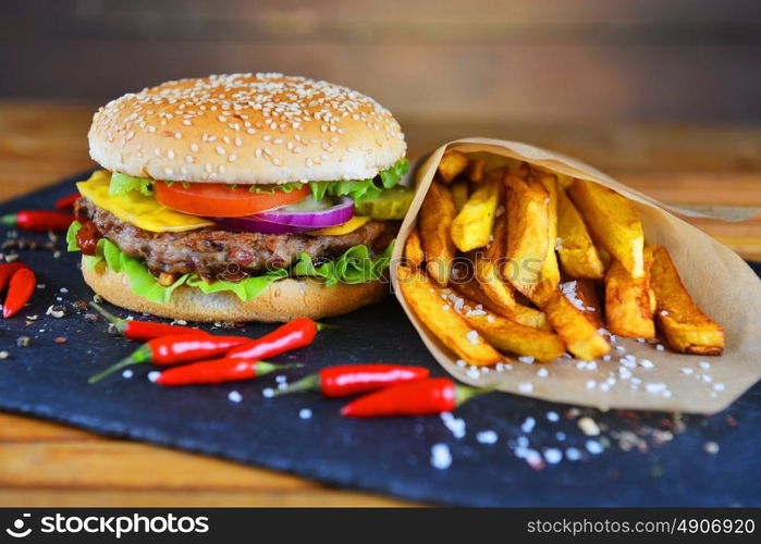 Tasty and appetizing hamburger with fries