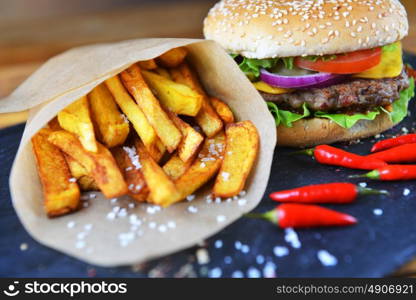 Tasty and appetizing hamburger with fries