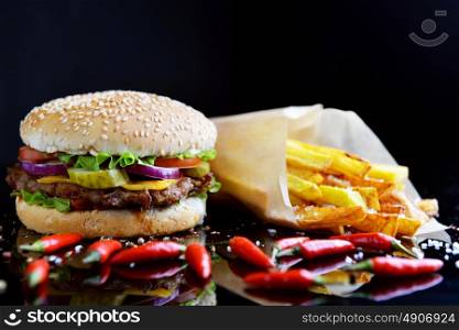 Tasty and appetizing hamburger with fries