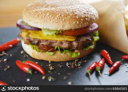 Tasty and appetizing hamburger with fries