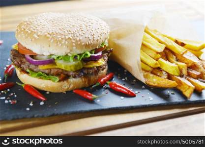 Tasty and appetizing hamburger with fries