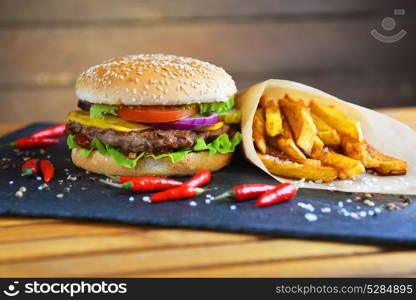 Tasty and appetizing hamburger with fries