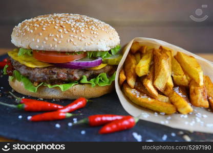 Tasty and appetizing hamburger with fries