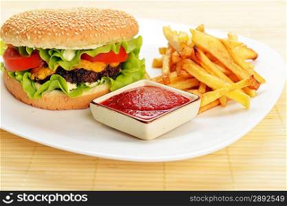 Tasty and appetizing hamburger with fries on white plate