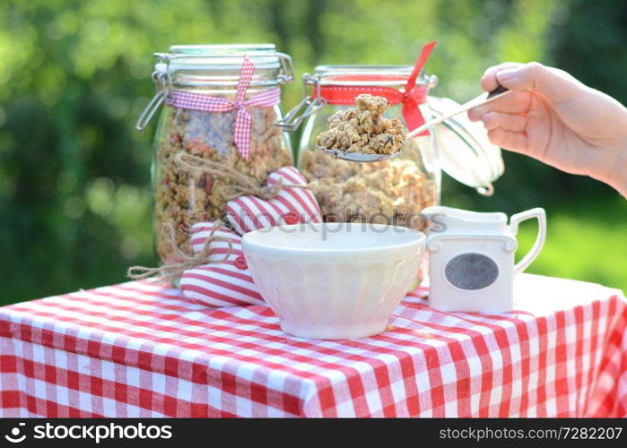 Tasty and healthy breakfast in the summer garden