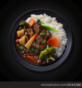 Tasty and healthy meal beef with vegetables and rice on the black background, created with generative AI