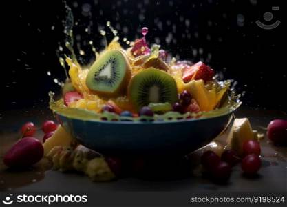 Tasty and nutritious fruit salad with kiwi, berries, and citrus fruits, topped with a splash of juice. A refreshing low-calorie snack, perfect for a hot summer day. AI Generative.