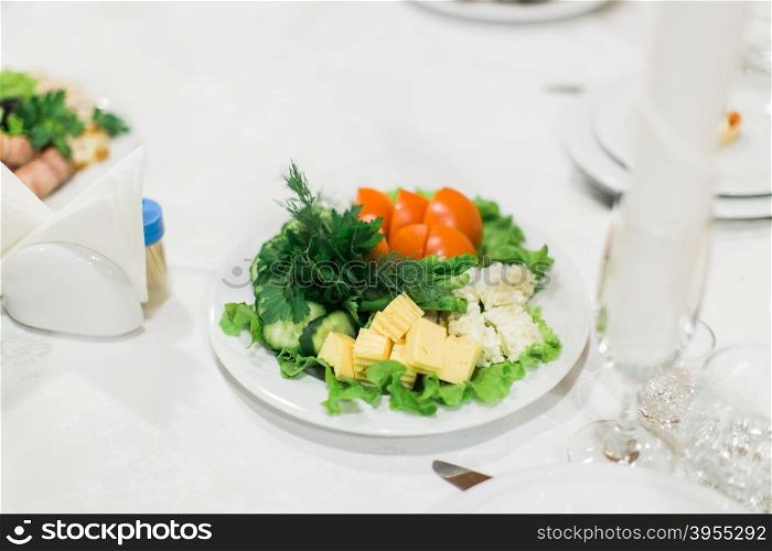 Tasty appetizer. Different vegetables on white plate
