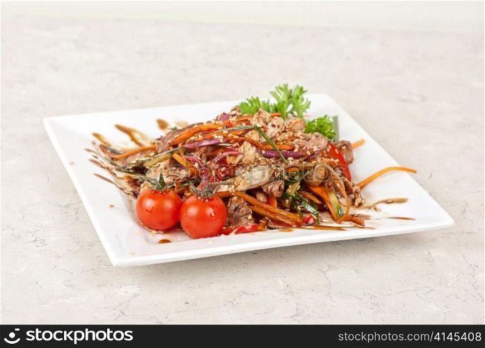 Tasty appetizer of roast beef meat, marinated chicken meat, cherry tomato and other vegetables