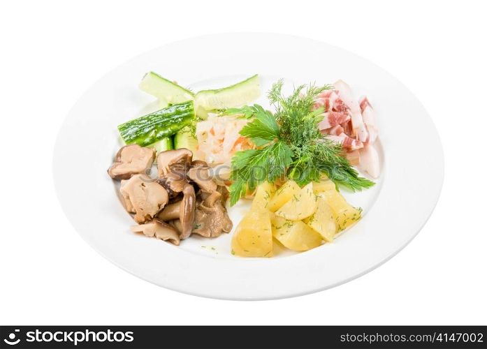 Tasty appetizer: potato, fat and vegetables at plate