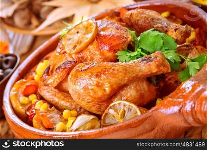 Tasty baked chicken, traditional Thanksgiving day celebration, delicious fried chick, luxury restaraunt menu for autumn holiday