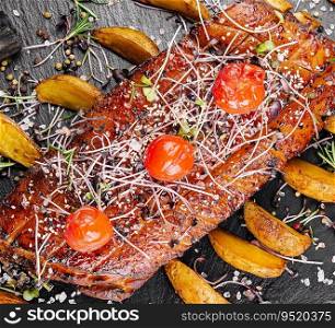 Tasty baked pork tenderloin in honey-orange glaze with potato wedges