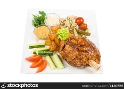 Tasty brisket dish with vegetables on a white background