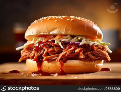 Tasty burger with shredded pork meat with barbeque sauce.AI Agenerative