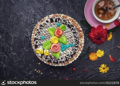 Tasty cake composition. cakes composition on concrete background
