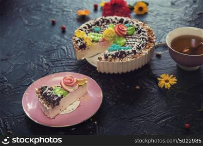 Tasty cake composition. cakes composition on concrete background