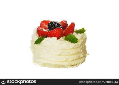 tasty cake with white icing and strawberries isolated