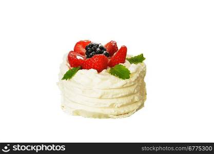 tasty cake with white icing and strawberries isolated