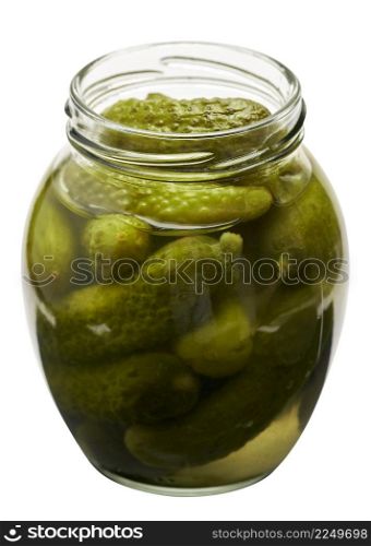 Tasty canned Whole green cornichon in a can isolated on a white background. High quality photo. Tasty canned Whole green cornichon in a can isolated on a white background