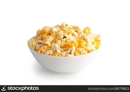 Tasty cheese popcorn in bowl isolated on white background close up. Movies, cinema and entertainment concept.