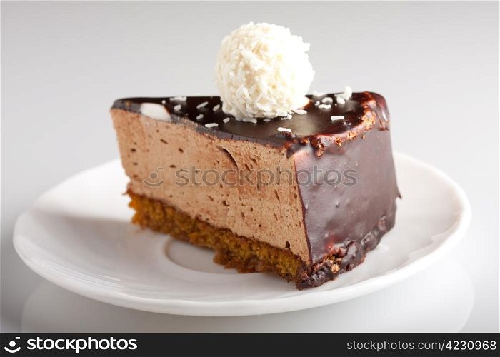 tasty chocolate cake on the plate on white background. Shallow focus