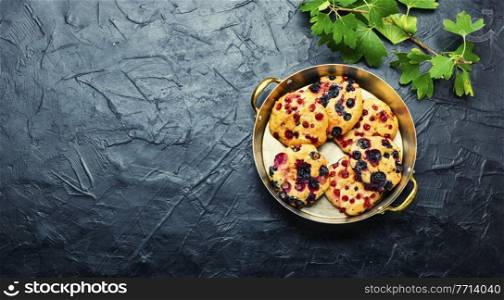 Tasty cottage cheese pancakes or syrniki with summer berries. Curd pancakes with red and black currants.Copy space,. Homemade syrniki with currants,space for text