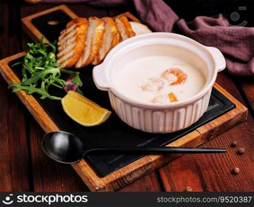 Tasty cream soup with shrimp in bowl
