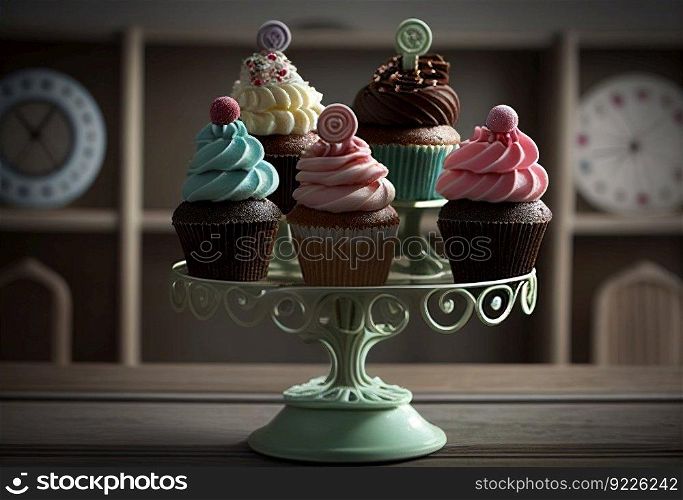 Tasty cupcakes on stand illustration. AI generative.