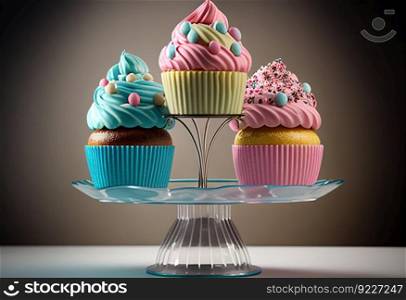 Tasty cupcakes on stand illustration. AI generative.
