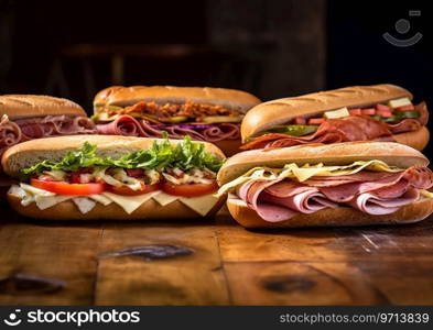 Tasty delicious sub sandwiches with ham,cheese,pork,beef,turkey breast and various sauces and vegetables on table.AI Generative
