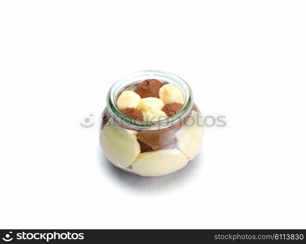 tasty dessert glass cup with fruits and chocolate