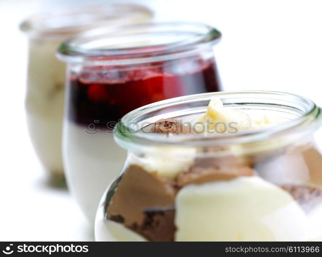 tasty dessert glass cup with fruits and chocolate