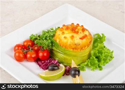 Tasty dish of salmon with omelette and philadelphia cheese