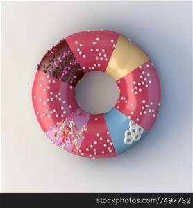 Tasty donut made from different pieces . 3d rendering .