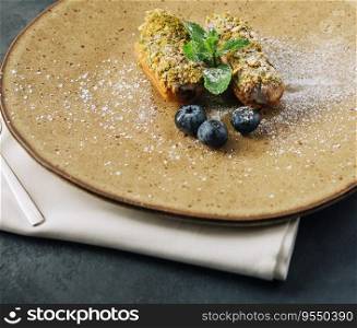 Tasty eclairs with pistachios and cheesecake on plates