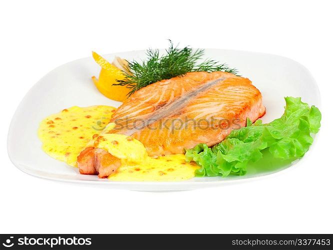 Tasty fillet of a salmon on a white background