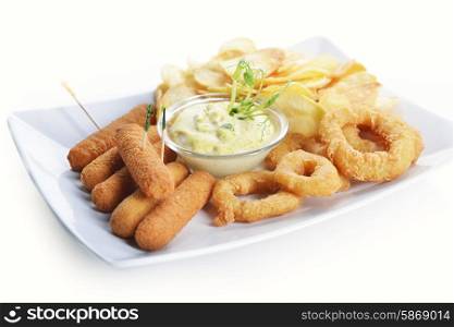 tasty fish sticks and potatoes deep fried