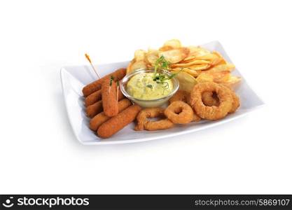 tasty fish sticks and potatoes deep fried