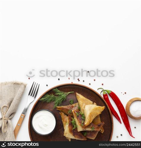 tasty food assortment with copy space flat lay