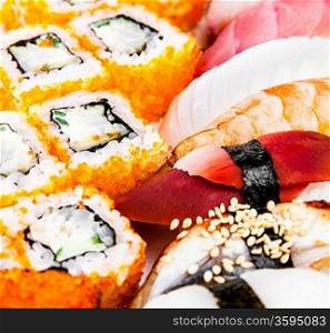 Tasty food. Sushi and Sushi Roll sea food on a white background
