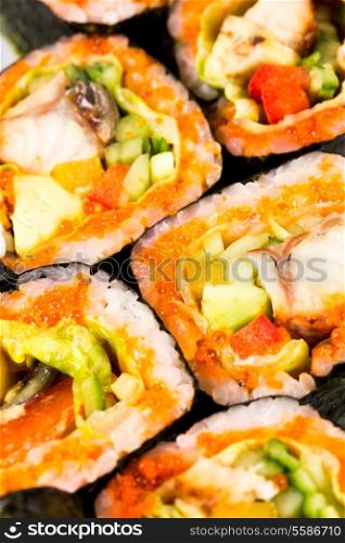 Tasty food. Sushi Roll background.